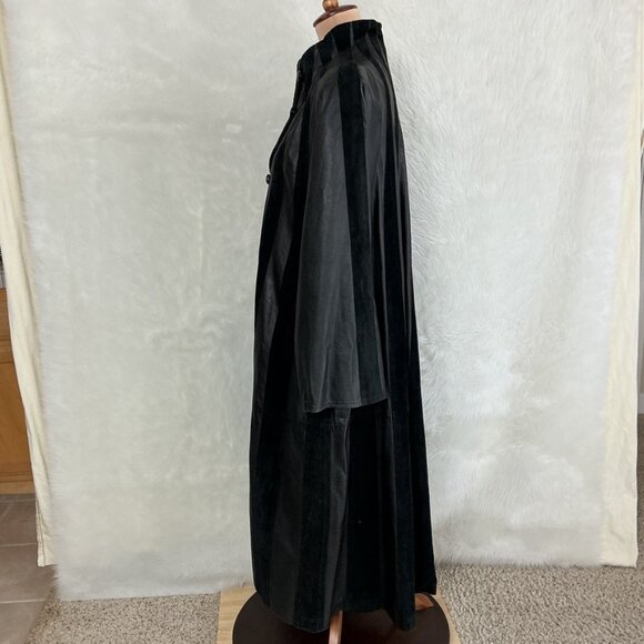 Vintage 80s Vera Pelle Black Leather Suede Patchwork Striped Long Coat 42 S/M - Picture 2 of 7